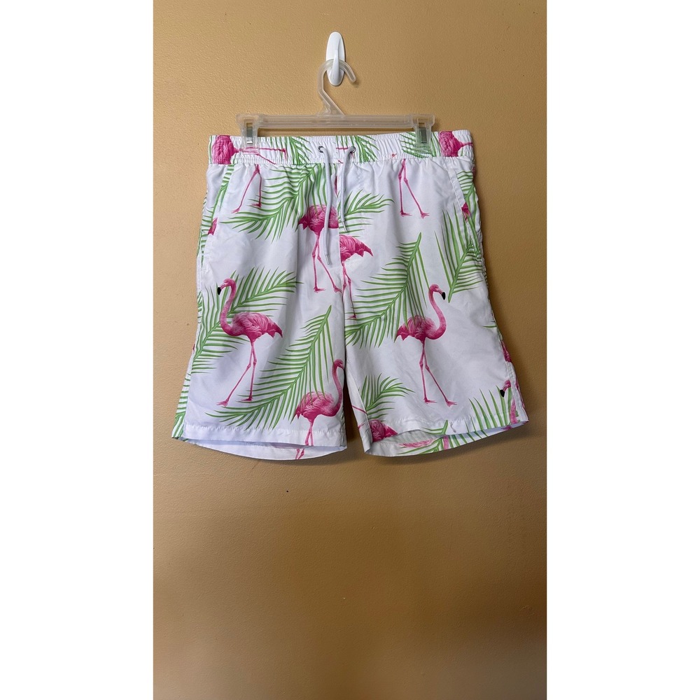 Forever 21 Men Pink Flamingo Palm Tree Print Swim Trunks White Green Size M